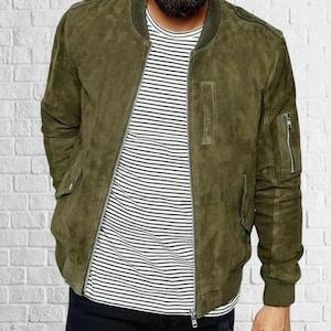 Men&#39;s Olive Green Suede Bomber Jacket: Handmade Leather Biker Coat