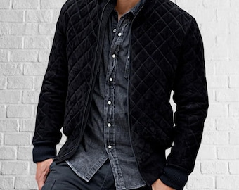 Men's Black Suede Quilted Sheepskin Bomber Jacket