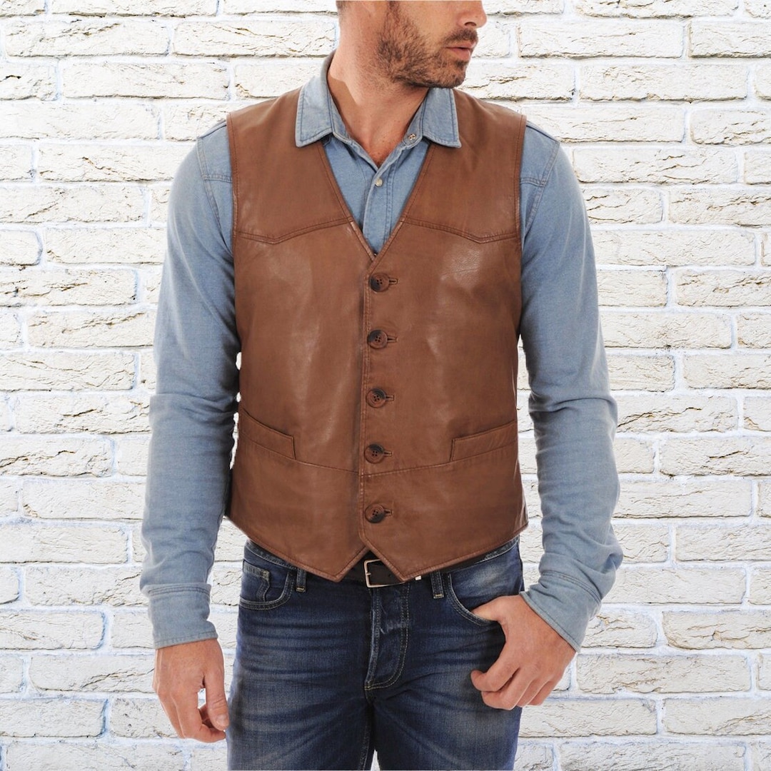 Brown Color Lambskin Leather Vest Men Leather Jacket Lambskin Blazer