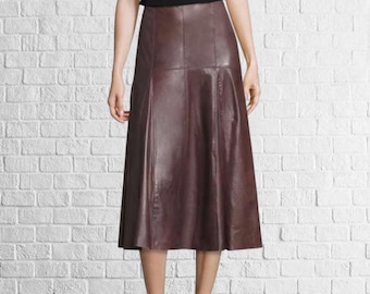 Burgundy Lambskin Leather Midi Skirt - Flared Style