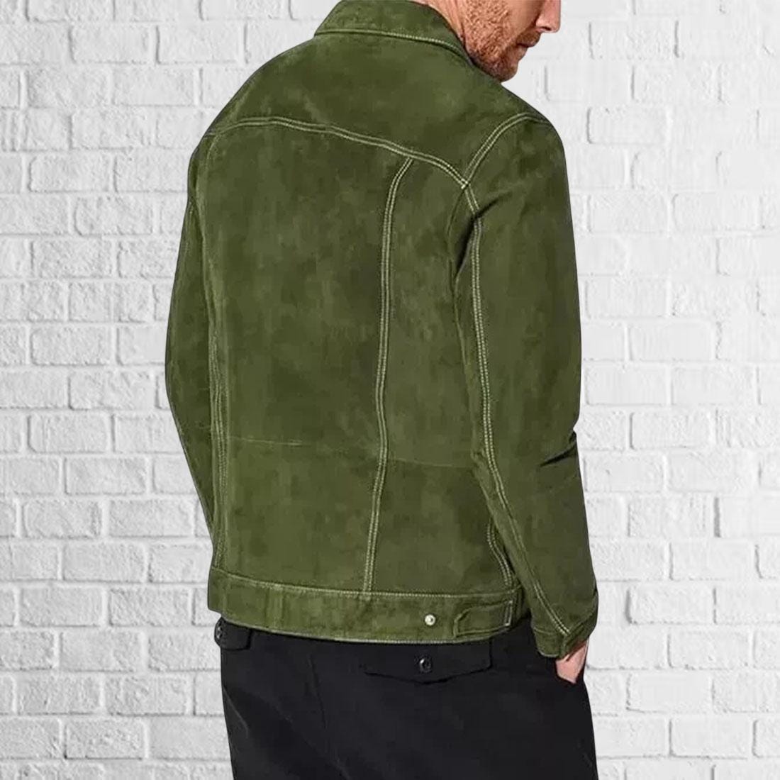 オリーブグリーンのスエードレザーバイカージャケット - メンズ