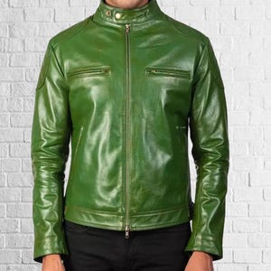 Blouson motard homme vert en cuir d&#39;agneau - Coupe slim