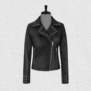 Handcrafted Women&#39;s Black Leather Jacket – Black, Collared Moto Design ,Soft Real Leather, Stylish Moto Biker Look , women Stud jacket