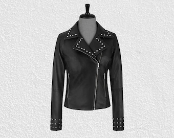 Black Lambskin Leather Moto Jacket - Women's Collared Biker Style
