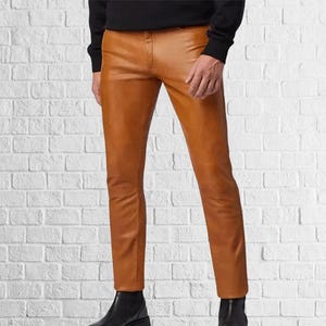 Men's Genuine Leather Pant Jeans Style 5 Pockets Motorbike Tan Party Pants