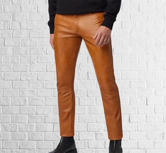 Herren Echtleder Hose Jeans Style Taschen Motorrad Tan Party