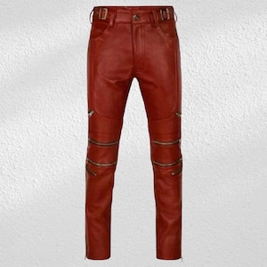 Pantalones de cuero clásicos rojos ajustados para motocicleta o casuales para hombre