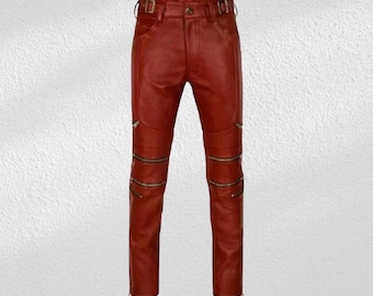 Red Classic Fitted Motorcycle or Casual Men's Leather Trousers Pants
