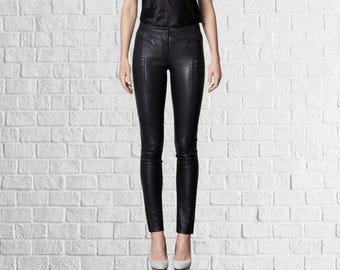 Handmade Lambskin Stretchable Leather Pants: Women's Black Skinny Fit Motorcycle Style