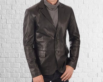 Men's Brown Lambskin Leather Blazer: Soft Button Front Coat