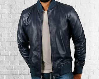 Men's Navy Blue Leather Bomber Jacket, Real Genuine Leather Varsity Jacket, Soft Dark Blue Rib Knit Casual Zipper Outerwear Coat