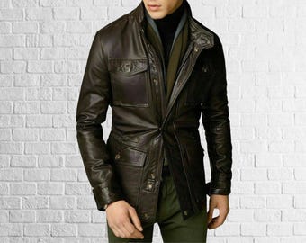Brown Lambskin Leather Long Coat: Men's Vintage Biker Jacket