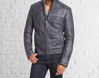 Men&#39;s Handmade Lambskin Leather Biker Jacket - Grey Motorcycle Bomber