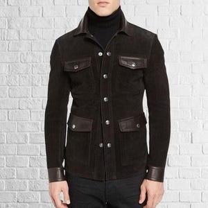 Basic Men's Sheepskin Black Suede Leather Jacket Custom Size Designer Button Coat with collar