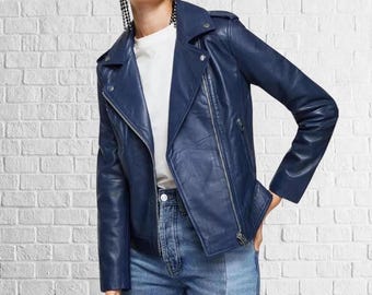 Blue Lambskin Leather Motorcycle Jacket - Women's Stylish Biker Coat