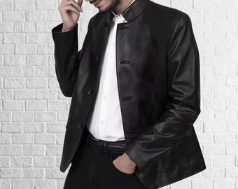 Men's Black Genuine Lambskin Leather Blazer style overcoat jacket  causal party wear