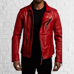 Men's Red Quilted Lambskin Leather Biker Jacket Handmade Slim Fit Moto Outwear Partywear