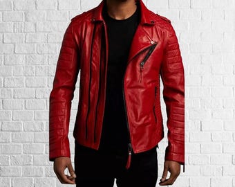 Chaqueta de motociclista de piel de cordero acolchada roja para hombre, hecha a mano, de corte entallado, ropa de fiesta