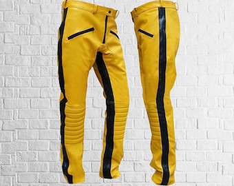 Lambskin Leather Biker Pants: Black & Tan Contrast Panels