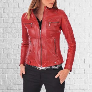 Women Handmade Red Slim Fit Biker Motorcycle Real Cafe Racer Leather Jacket | Women Sheepskin Red Motorcycle Genuine Real Leather Jacket