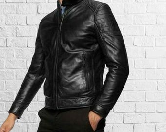 メンズ本革ラムスキンブラックレザージャケット、バイク用ジッパー 