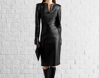 Custom Black Lambskin Leather Dress: V-Neck, Long Sleeve, Knee Length