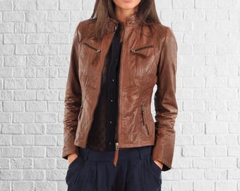 Brown Lambskin Leather Bomber Jacket: Women's Winter Coat