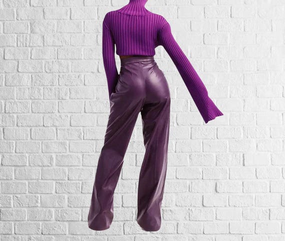 Women's Purple Leather Pant , Genuine Leather Pant, Handmade