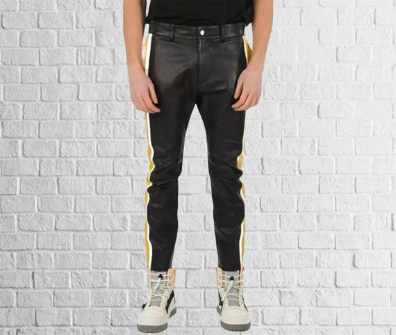 Calças masculinas de couro legítimo pretas feitas à mão Corte