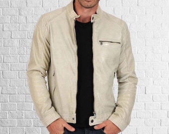 Handmade Lambskin Leather Motorcycle Jacket: Men&#39;s Biker Bomber