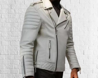 Men's White Quilted Lambskin Leather Biker Jacket