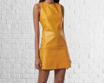 Handmade Yellow Leather Mini Dress: Sleeveless Lambskin, Elegant Fit