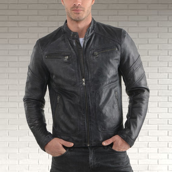 Mens black leather racer jacket cheap