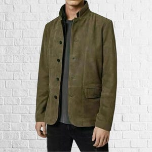 Men&#39;s Olive Green Suede Leather Biker Jacket - Button Front Fashion Coat