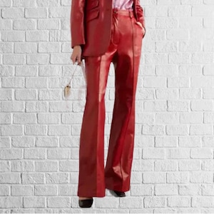 Pantaloni a zampa di elefante di alta qualità in pelle di agnello da donna, rossi, basic //Regalo per lei//