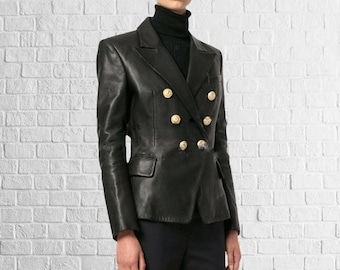 Black Leather Coat, Ladies Blazer Coat, Gift For Her Women Black Genuine Lambskin 100% Real Soft Pure Leather Blazer Jacket, Women