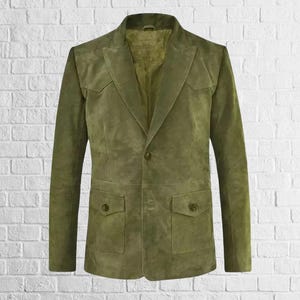 Men&#39;s Olive Green Suede Blazer: Classic Button Coat