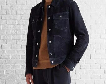 Blue Suede Leather Biker Jacket - Men's Casual Button-Down