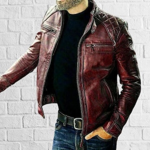 Blouson motard en cuir d'agneau rouge de qualité supérieure pour homme ||| Cadeau pour lui