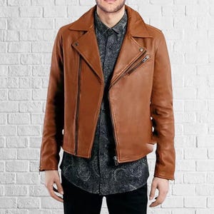 Blouson motard homme en cuir d&#39;agneau marron clair - Manteau coupe slim avec col