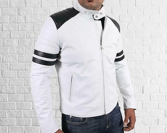 Handmade White Leather Zipper Biker Jacket: Slim Fit Motorcycle Jacket with Black Stripes