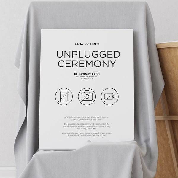 Modèle de signe de cérémonie minimaliste débranché, signe de cérémonie débranché de mariage, tailles d’affiche, modèle Canva modifiable, téléchargement instantané, BW026