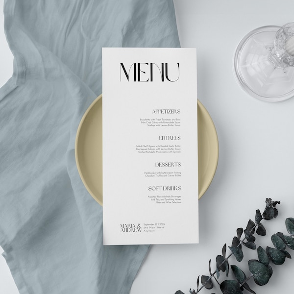 Wedding Menu Template, Minimalist Elegant Menu, Editable Printable Wedding Menu, Simple Wedding Menu Canva Template, Instant Download, BW011