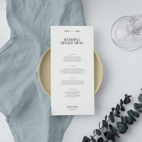 Wedding Menu Template, Simple 4x9 Wedding Menu, Editable & Printable Menu, Editable Wedding Menu Canva Template, Instant Download, BW025