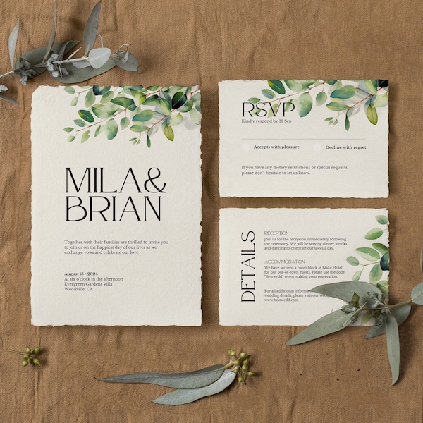 Eucalyptus Wedding Invitation Suite Template - Greenery Invitation with RSVP & Details Card - Canva template - Instant Download - BW013