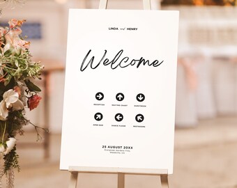 Wedding Welcome Sign with Directional Signs, Modern Welcome Sign with Arrows, Printable Wedding Sign Canva Template, Instant Download, BW026