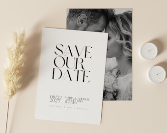Minimal Save the Date Card, Save the Date Canva Template with Photo, Modern Fully Editable & Printable Template, Instant Download, BW011