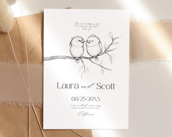 Minimal Wedding Invitation Canva Template with Birds, Invitation Card, Modern Script Editable Printable Template, Instant Download, BW027