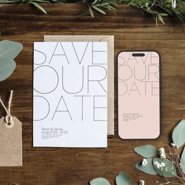Unusual Save the Date Card Template - Minimalist Outline Save the Date - Canva Template with Electronic Option - Instant Download - BW012