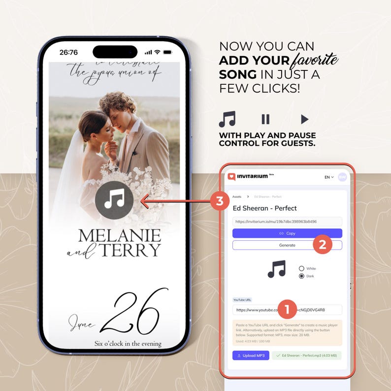 Digitale Hochzeitseinladung mit Countdown, Musik, Details und nachverfolgbarer Antwortmöglichkeit (bearbeitbare Canva-Vorlage) + Bonus Bild 3